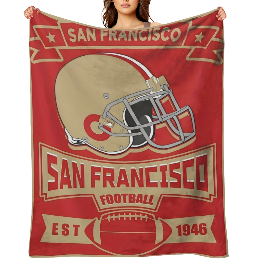 San Francisco football themed flannel blanket, twill weave, non- woven, Four Seasons comfortable sofa and TV blanket, hand washable only, suitable for sports fans, gift