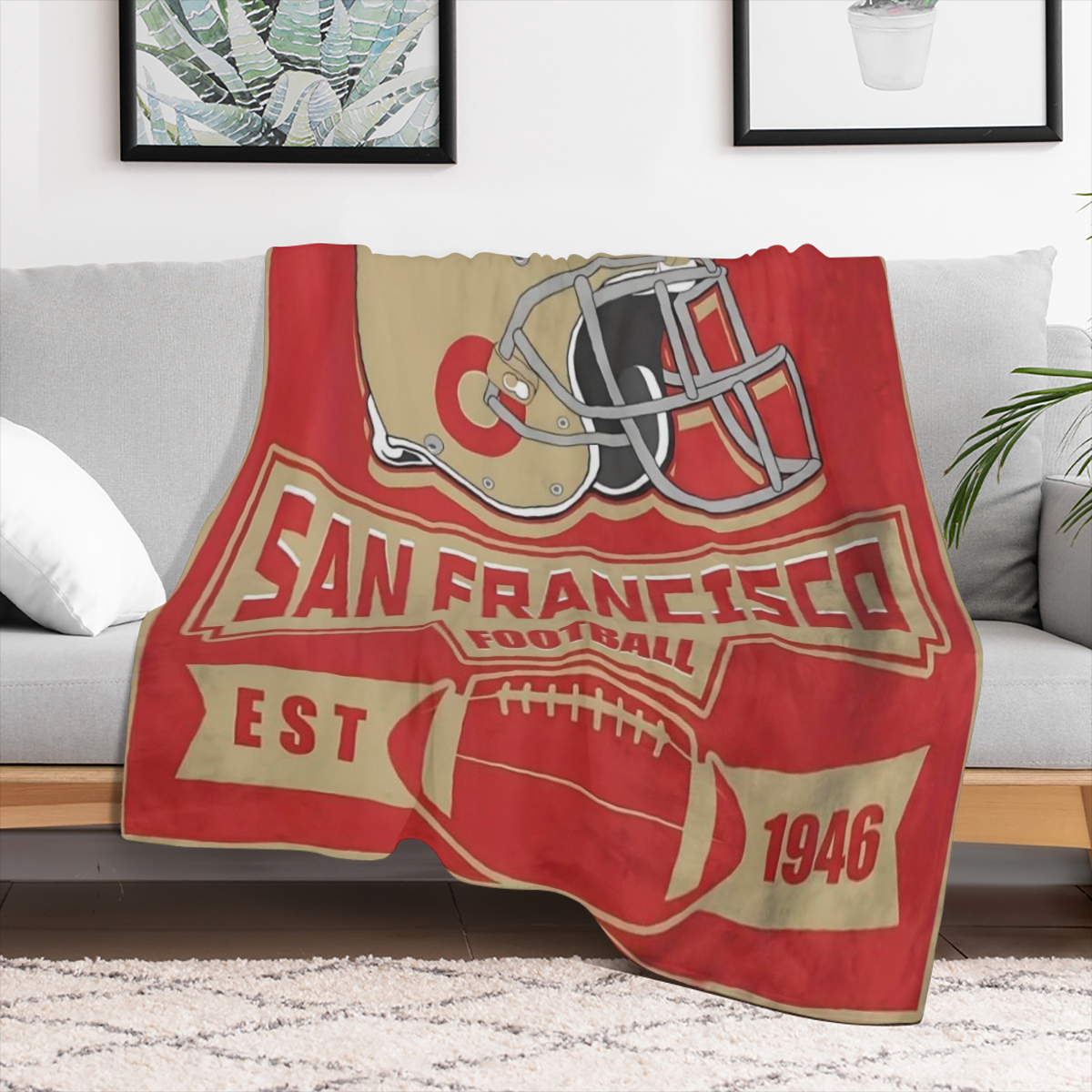 San Francisco football themed flannel blanket, twill weave, non- woven, Four Seasons comfortable sofa and TV blanket, hand washable only, suitable for sports fans, gift