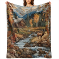 1 blanket, vintage Fall Forest Foothills Elk Log Cabin Stream print blanket, warm and comfortable soft blanket, suitable for sofa bed car office velvet room camping trip, gift blanket for all seasons