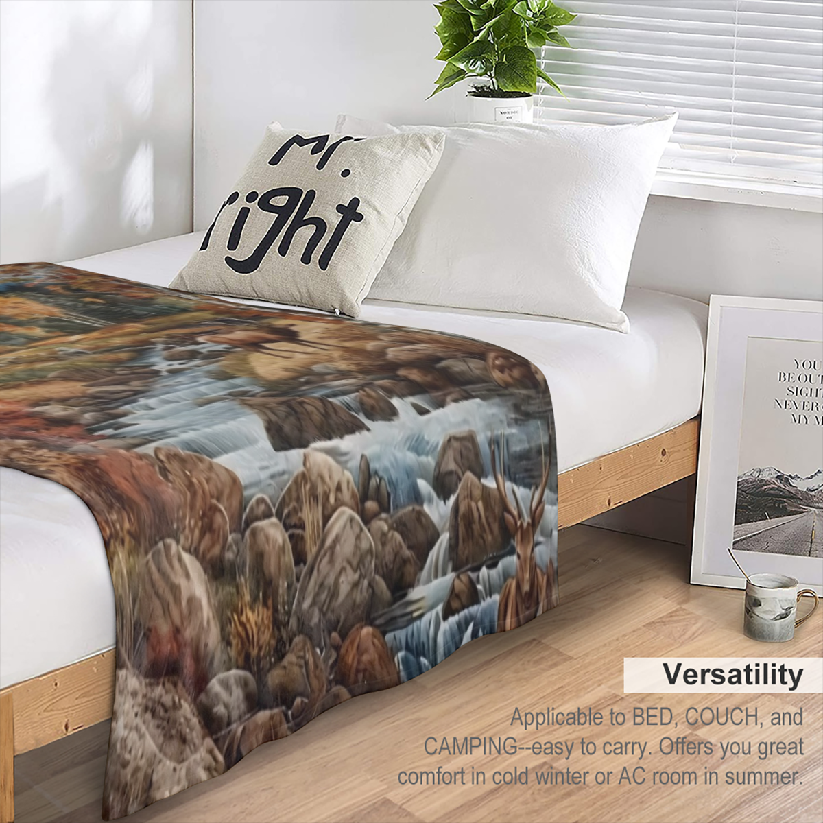1 blanket, vintage Fall Forest Foothills Elk Log Cabin Stream print blanket, warm and comfortable soft blanket, suitable for sofa bed car office velvet room camping trip, gift blanket for all seasons
