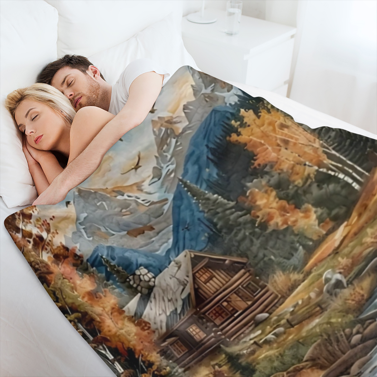 1 blanket, vintage Fall Forest Foothills Elk Log Cabin Stream print blanket, warm and comfortable soft blanket, suitable for sofa bed car office velvet room camping trip, gift blanket for all seasons