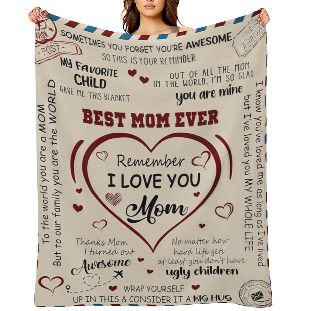 Best Mom Ever Blanket, Gifts for Mom, Mom Gifts for Christmas from Daughter Son, Gifts for Women for Anniversary, Birthday, Mother' s Day, I Love You Mom Letter Cozy Fleece Blanket 50x60, 280GSM CozyF