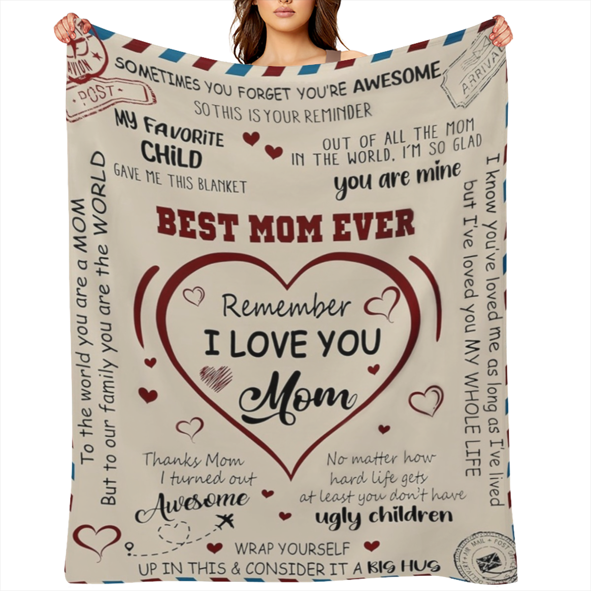 Best Mom Ever Blanket, Gifts for Mom, Mom Gifts for Christmas from Daughter Son, Gifts for Women for Anniversary, Birthday, Mother' s Day, I Love You Mom Letter Cozy Fleece Blanket 50x60, 280GSM CozyF