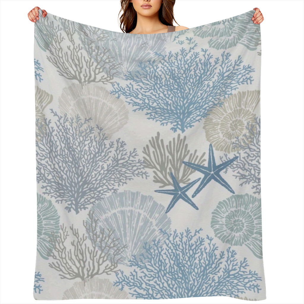 1 Coastal coral and shell flannel blanket - soft polyester twill, digitally printed, machine washed, suitable for all seasons, tear and stain resistant, versatile home decor for sofas, beds, travel -