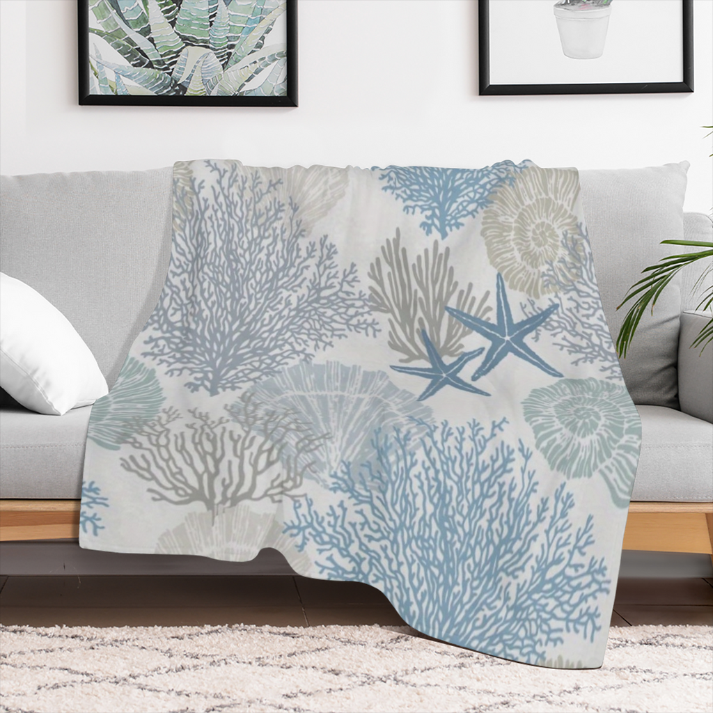 1 Coastal coral and shell flannel blanket - soft polyester twill, digitally printed, machine washed, suitable for all seasons, tear and stain resistant, versatile home decor for sofas, beds, travel -