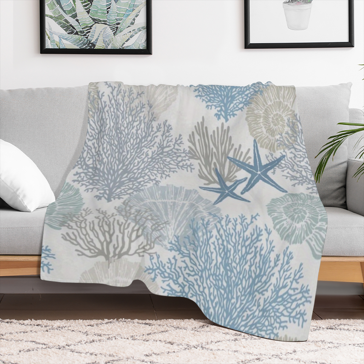 1 Coastal coral and shell flannel blanket - soft polyester twill, digitally printed, machine washed, suitable for all seasons, tear and stain resistant, versatile home decor for sofas, beds, travel -