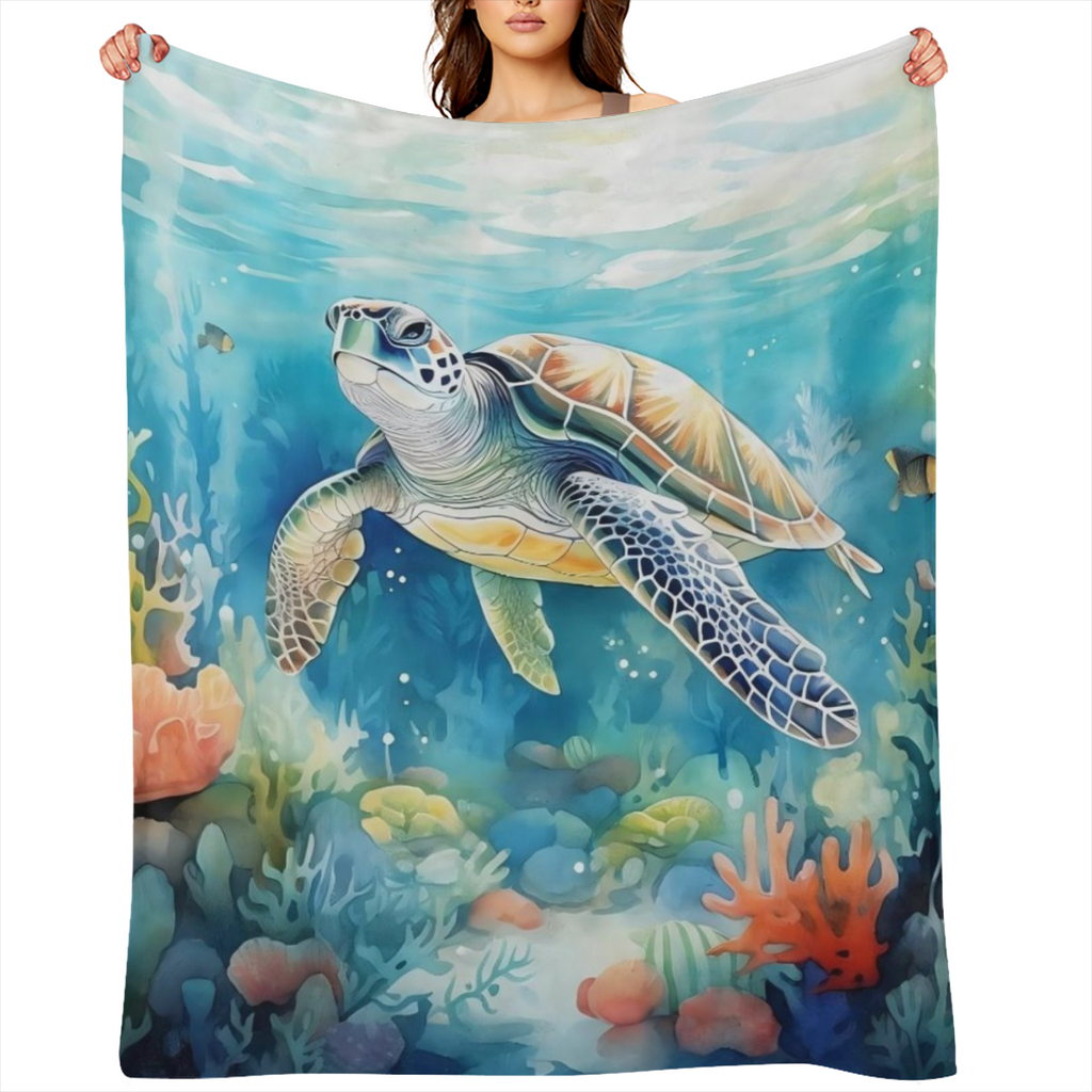 1pc Manta de Franela con Temática de Tortuga y Océano - Tela de Punto de Poliéster Suave y Plush para Todas las Estaciones, Ligera y Cómoda para Cama y Sofá, 250-300gsm, Estilo Contemporáneo, Re