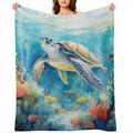 1pc Manta de Franela con Temática de Tortuga y Océano - Tela de Punto de Poliéster Suave y Plush para Todas las Estaciones, Ligera y Cómoda para Cama y Sofá, 250-300gsm, Estilo Contemporáneo, Re