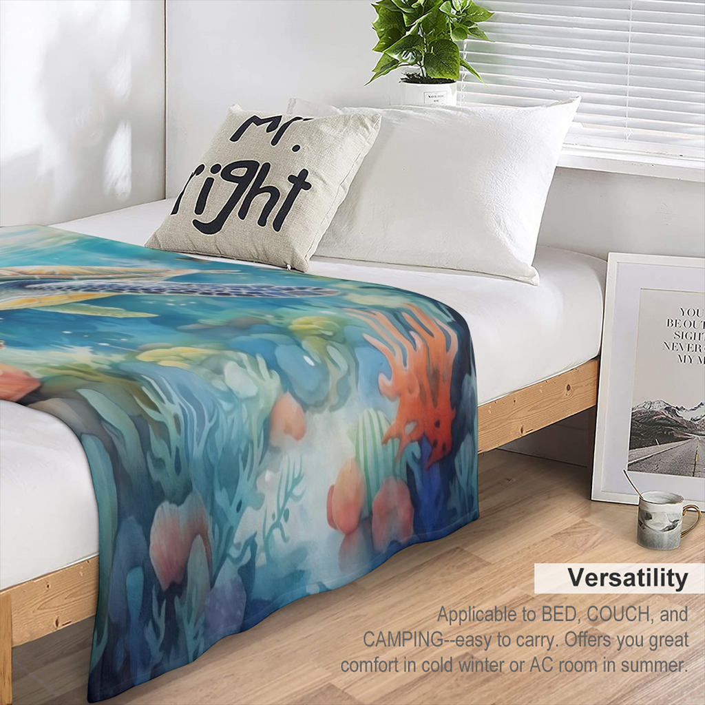1pc Manta de Franela con Temática de Tortuga y Océano - Tela de Punto de Poliéster Suave y Plush para Todas las Estaciones, Ligera y Cómoda para Cama y Sofá, 250-300gsm, Estilo Contemporáneo, Re