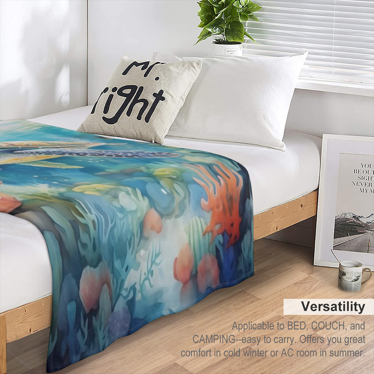 1pc Manta de Franela con Temática de Tortuga y Océano - Tela de Punto de Poliéster Suave y Plush para Todas las Estaciones, Ligera y Cómoda para Cama y Sofá, 250-300gsm, Estilo Contemporáneo, Re