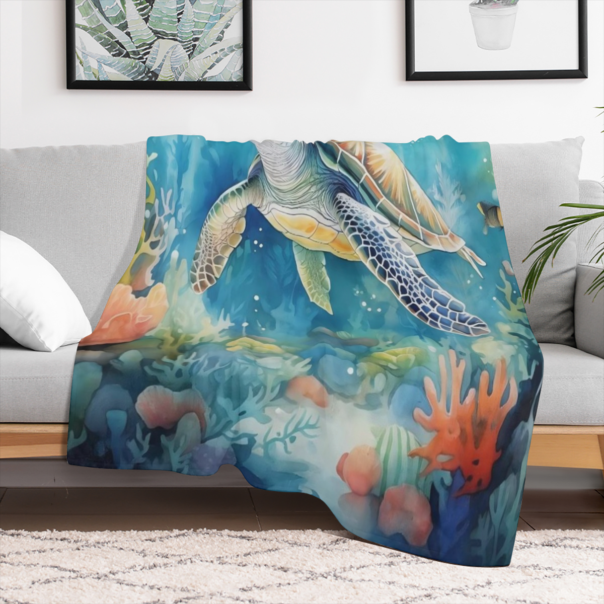 1pc Manta de Franela con Temática de Tortuga y Océano - Tela de Punto de Poliéster Suave y Plush para Todas las Estaciones, Ligera y Cómoda para Cama y Sofá, 250-300gsm, Estilo Contemporáneo, Re