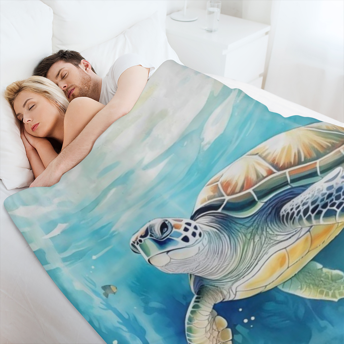 1pc Manta de Franela con Temática de Tortuga y Océano - Tela de Punto de Poliéster Suave y Plush para Todas las Estaciones, Ligera y Cómoda para Cama y Sofá, 250-300gsm, Estilo Contemporáneo, Re