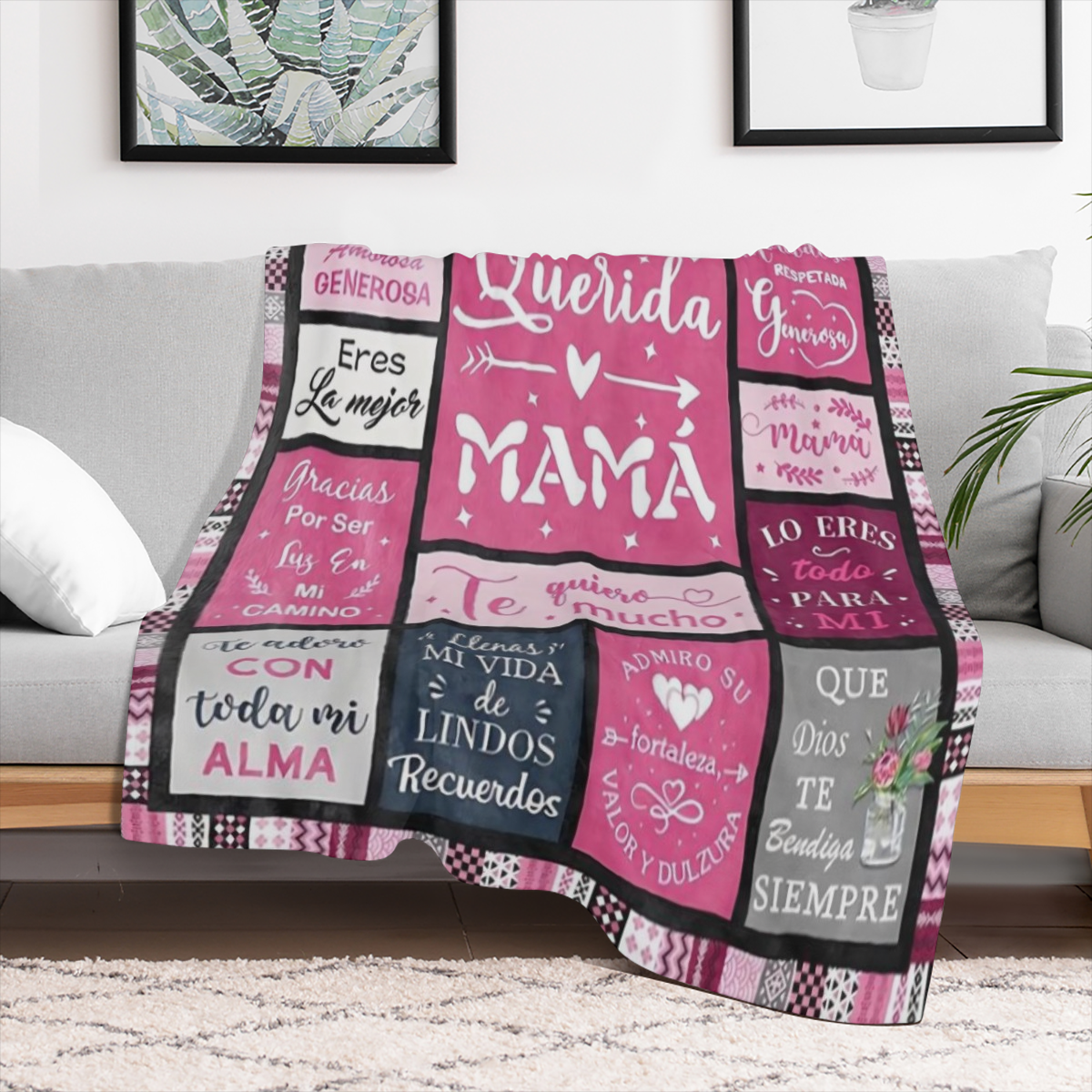 1 carta en espaol sincera para mam - Manta de franela de estilo moderno con borde a cuadros rosa y negro, suave y acogedora para viajes, camping, sof cama, decoracin de oficina - Lavable en mquina, co