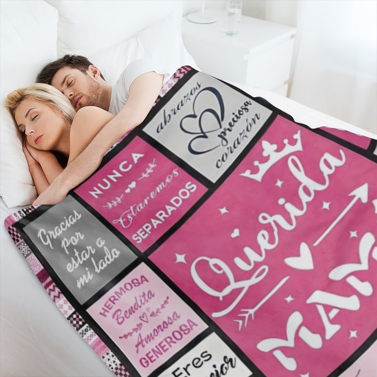 1 carta en espaol sincera para mam - Manta de franela de estilo moderno con borde a cuadros rosa y negro, suave y acogedora para viajes, camping, sof cama, decoracin de oficina - Lavable en mquina, co