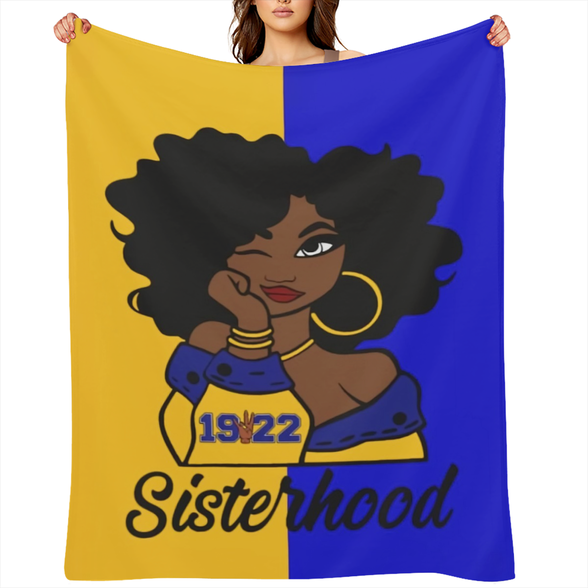 1 PC Sigma Gamma Rho Women' s Brotherhood Digital Printing Flange Plush Lunch Blanket with Blue and Yellow Accents, Soft Sand Bed Hair Products