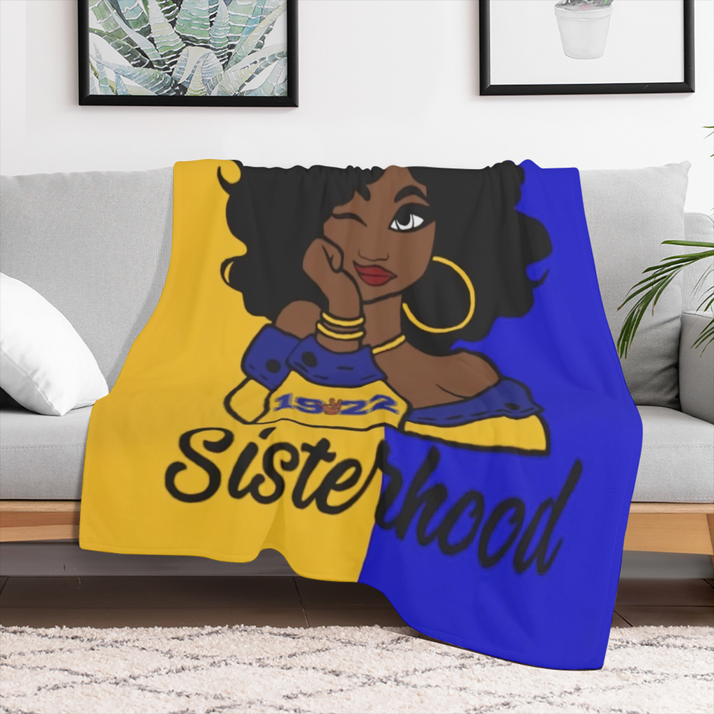 1 PC Sigma Gamma Rho Women' s Brotherhood Digital Printing Flange Plush Lunch Blanket with Blue and Yellow Accents, Soft Sand Bed Hair Products
